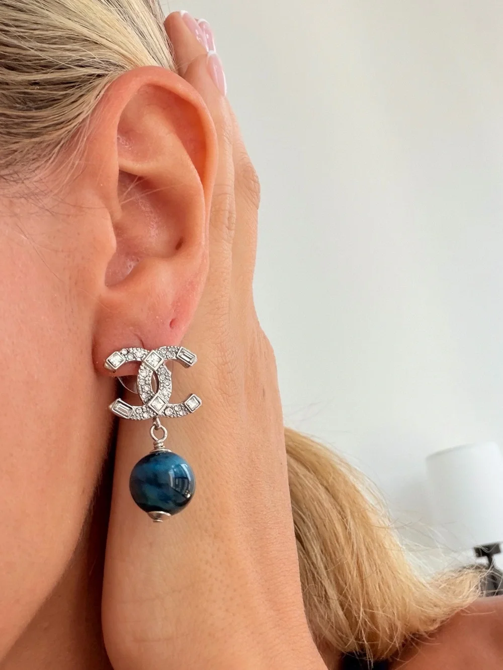 💙CHANEL Silver Crystal CC Logo Earrings with Blue and Teal Orb Drops⚡️